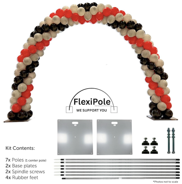 Image of balloon arch with 7 poles, 2 base plates, rubber feet & metal pins